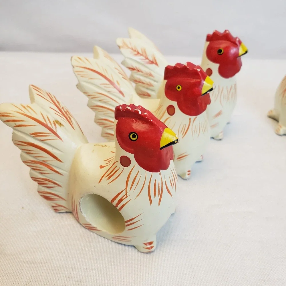 VTG Set 6 Chicken Napkin‎ Rings Farmhouse Cottage Wood Folk Art Hand Painted